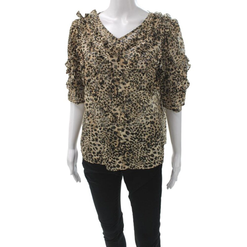 Rebecca Taylor Women Animal Print V-Neck Short Sleeve Blouse Beige Size 12